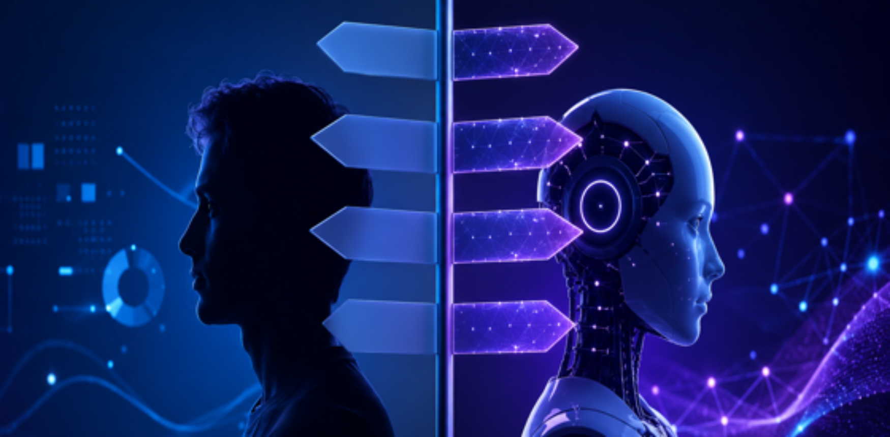 Image of someone using AI to think with them, a robot mirroring a man.