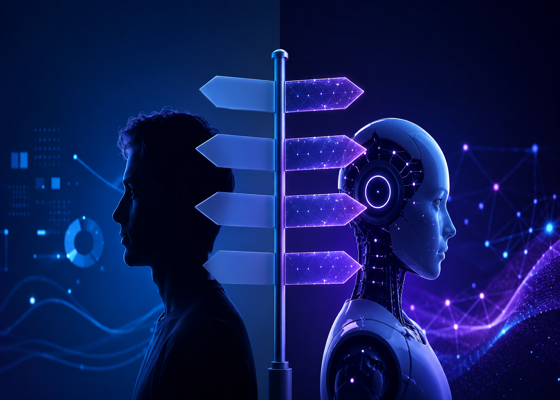 Image of someone using AI to think with them, a robot mirroring a man.
