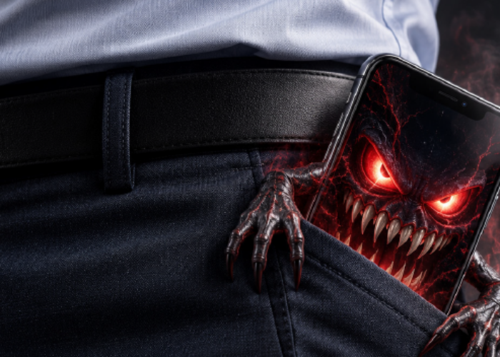 Mobile security being compromised, phone in man's pocket has been hacked.
