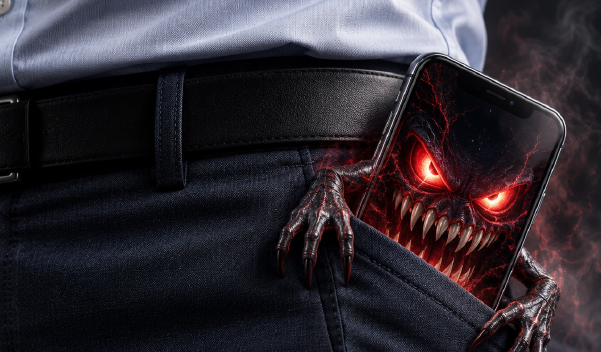 Mobile security being compromised, phone in man's pocket has been hacked.