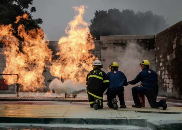 Firewall with fire brigade putting out fire.