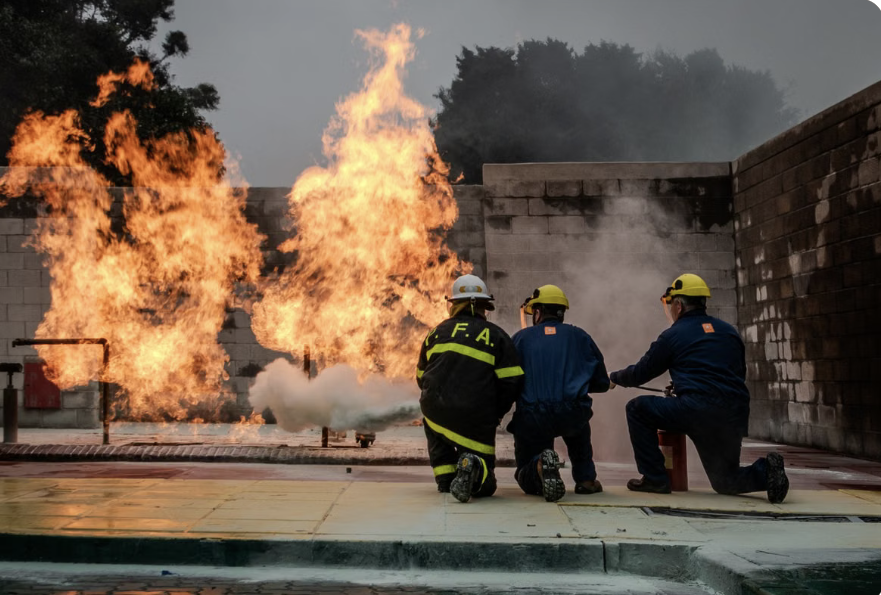 Firewall with fire brigade putting out fire.