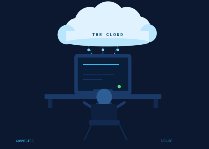 Image of a man sat at a computer with cloud above. Represent how the cloud is the storage server of the computer and files and downloads are saved to it.